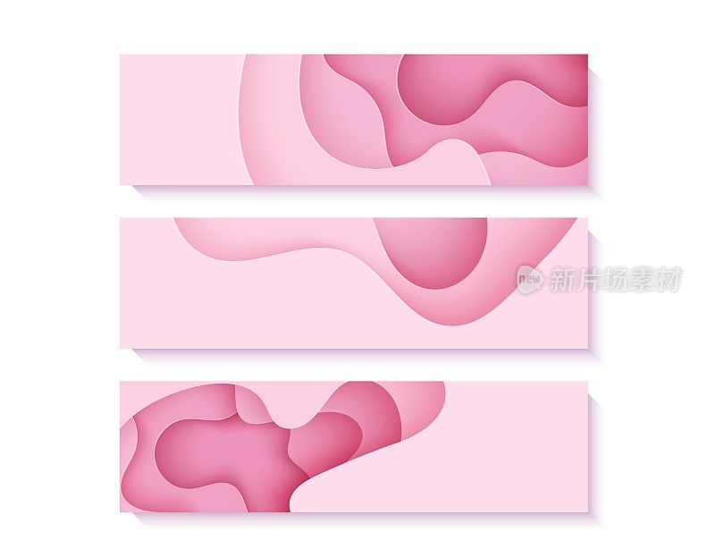 一套剪纸传单与波浪和洞。粉红色的三维抽象网页横幅与平滑的波浪层的集合。女性乳腺癌概念海报模板在玫瑰色。女性的矢量图
