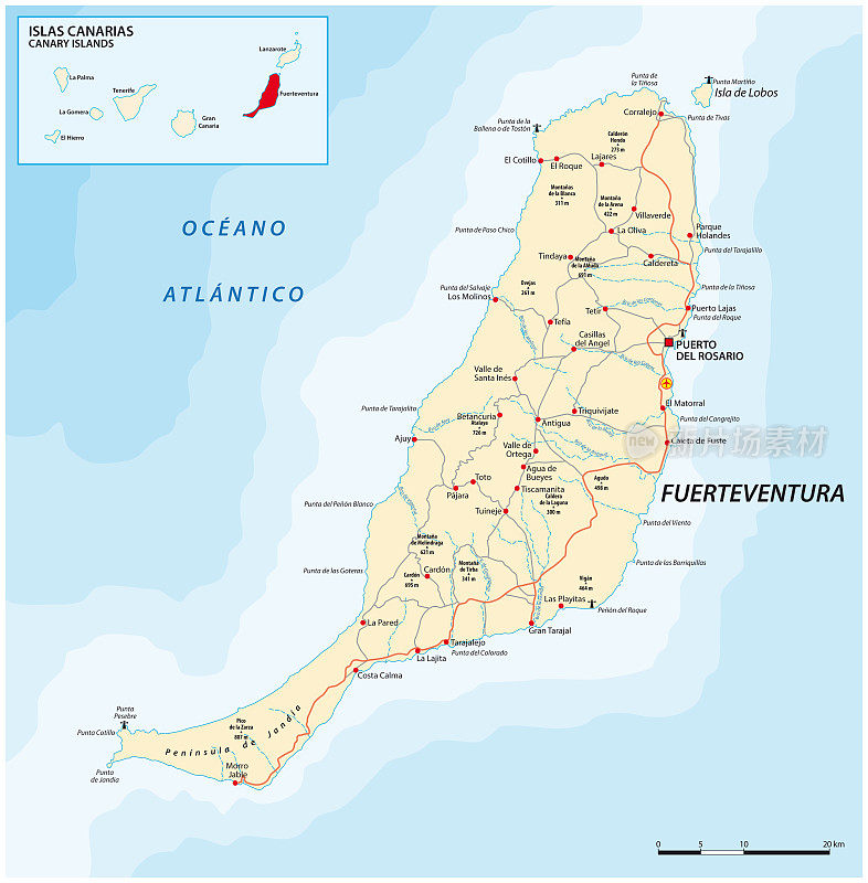 富埃特文图拉加那利岛矢量路线图