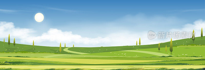 春暖花开，夏日艳阳高照，田园绿油油，云和蓝天相映成趣。有山、有草、有阳光的乡村，矢量卡通自然横幅