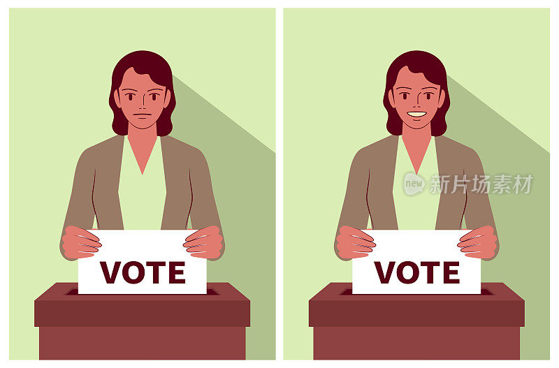 在选举过程中，年轻女性(投票人)怀着两种不同的心情在投票箱里投下了一票
