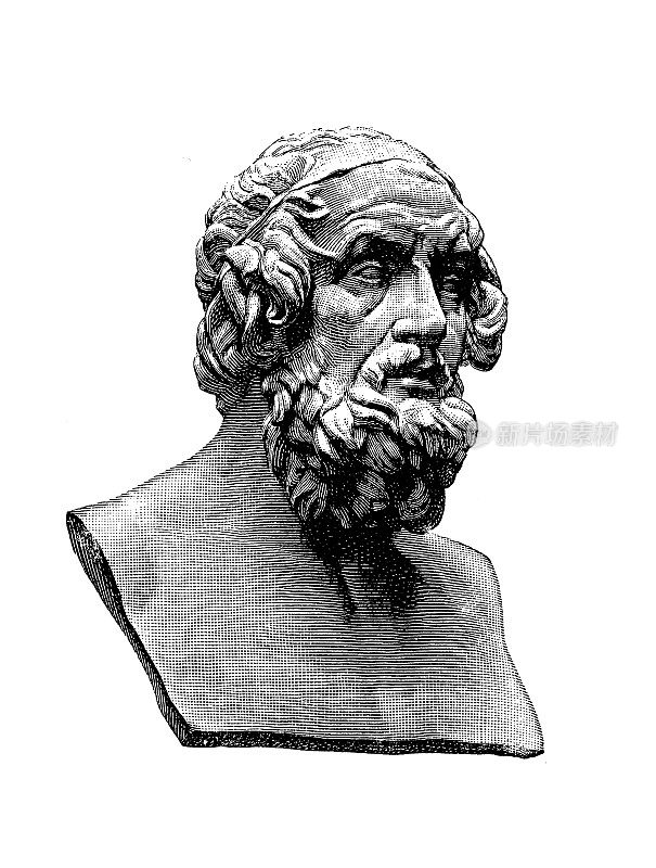 古希腊史诗诗人荷马的半身像和大理石头像，著名的《伊利亚特》和《奥德赛》的作者