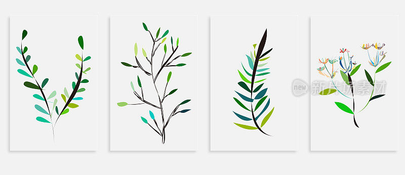 向量植物墙艺术设置抽象手绘绿色植物艺术为印刷封面卡片设计横幅图案，抽象背景