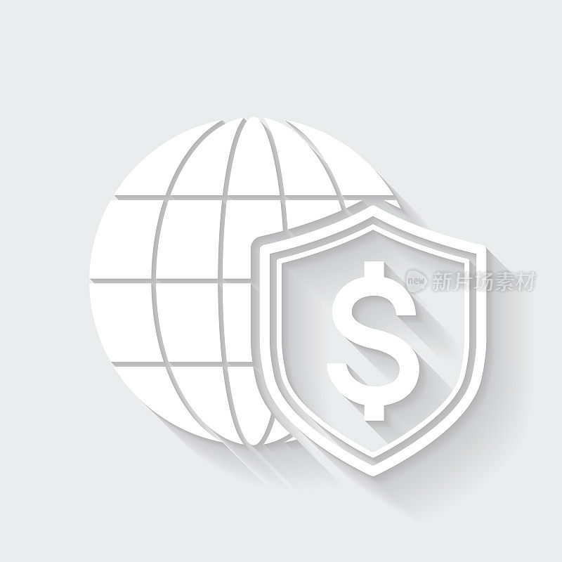 美元盾和地球仪。图标与空白背景上的长阴影-平面设计