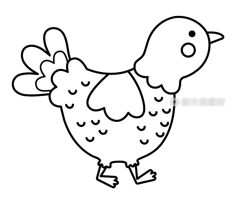 向量黑色和白色的小火鸡图标。可爱的卡通火鸡插画为孩子们。农场幼鸟孤立在白色背景上。线动物图片或着色页为儿童
