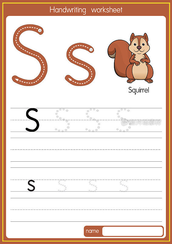 向量松鼠插图与字母S大写字母或大写字母的儿童学习练习ABC
