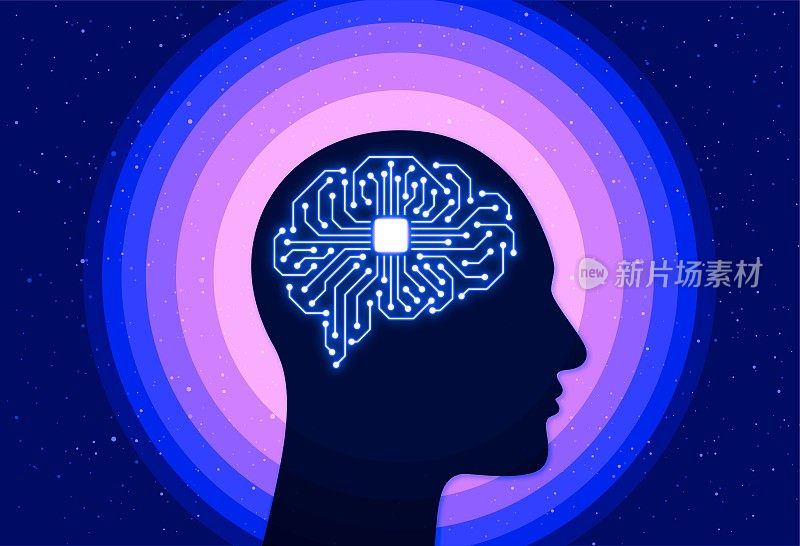 电路板在电子人的头部，人工智能的数字人类。