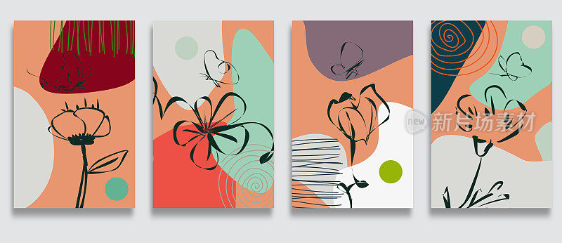矢量现代时尚彩色卡片套线艺术涂鸦手绘花卉和蝴蝶图案卡片模板横幅设计元素集合，美在自然抽象背景