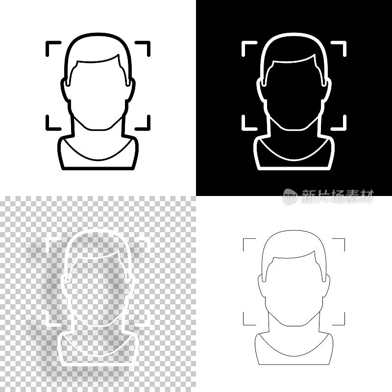 人脸识别。图标设计。空白，白色和黑色背景-线图标