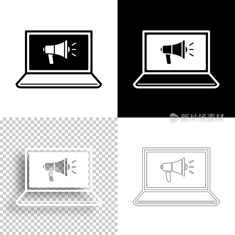 笔记本电脑扩音器。图标设计。空白，白色和黑色背景-线图标