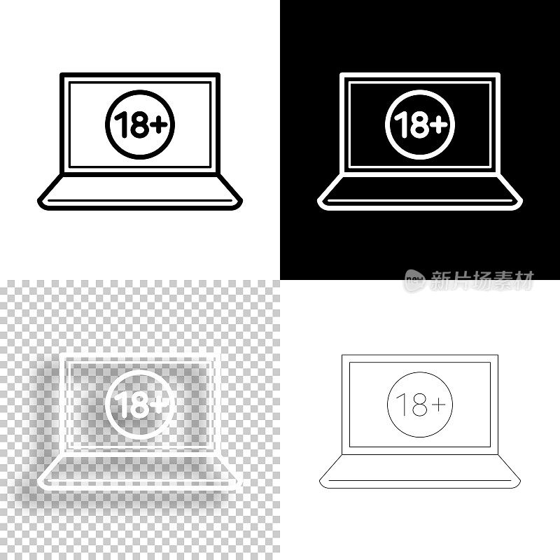 笔记本电脑与18加号(18+)。图标设计。空白，白色和黑色背景-线图标