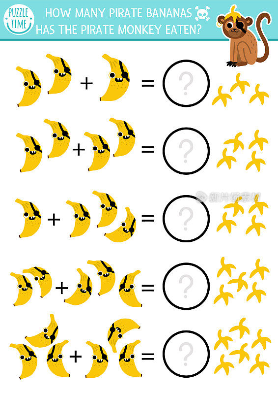 多少海盗香蕉游戏。热带水果数学加法活动为学龄前儿童。简单的金银岛狩猎印刷计数工作表为孩子。有趣的海上冒险页面