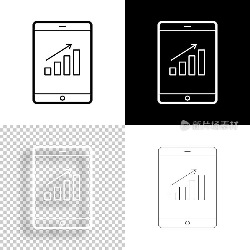 平板电脑的增长图表。图标设计。空白，白色和黑色背景-线图标