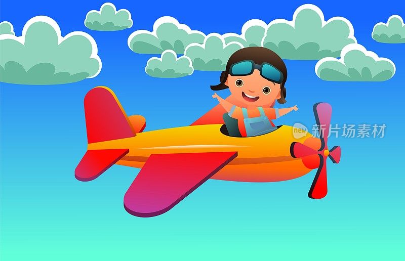 男孩在空中飞行的飞机。卡通风格的插图。可爱的孩子气。在云层的背景下。向量