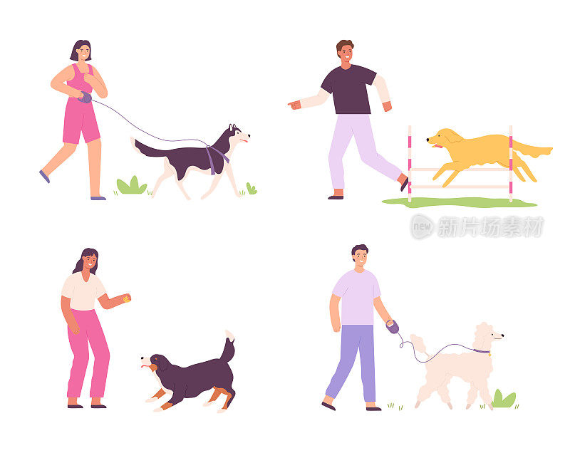 男人、女人和家狗的活动。人们带着宠物散步。男性和女性角色训练小狗
