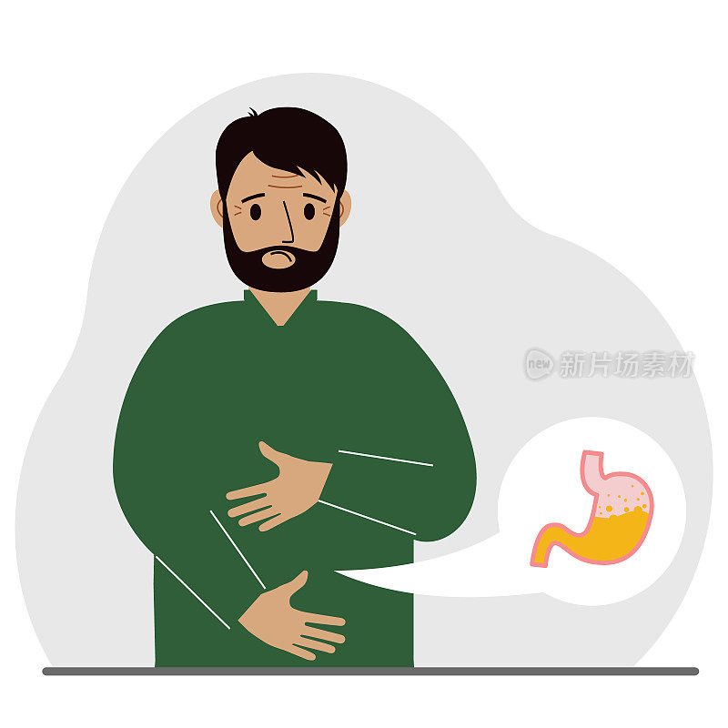腹部疼痛的概念。这个男人用双手抱住他的肚子。胃部或消化系统有问题。