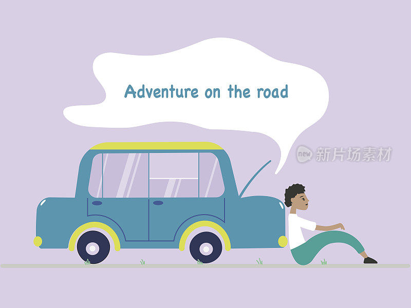 平面矢量插图在紫色背景。卡通的人休息。烟从车里冒出来。户外娱乐或公路冒险的概念。