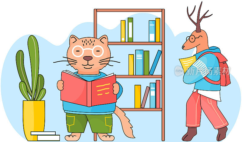 戴着眼镜、手里拿着一本书的聪明猫正在上课读书。小鹿背着背包走进教室