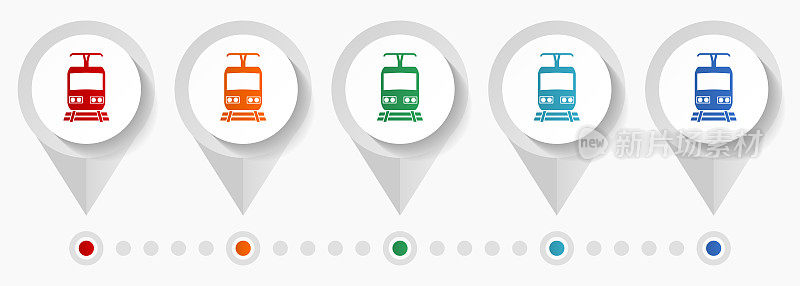 地铁，地铁，火车概念矢量图标，可编辑的信息图表模板，一套彩色平面设计指针