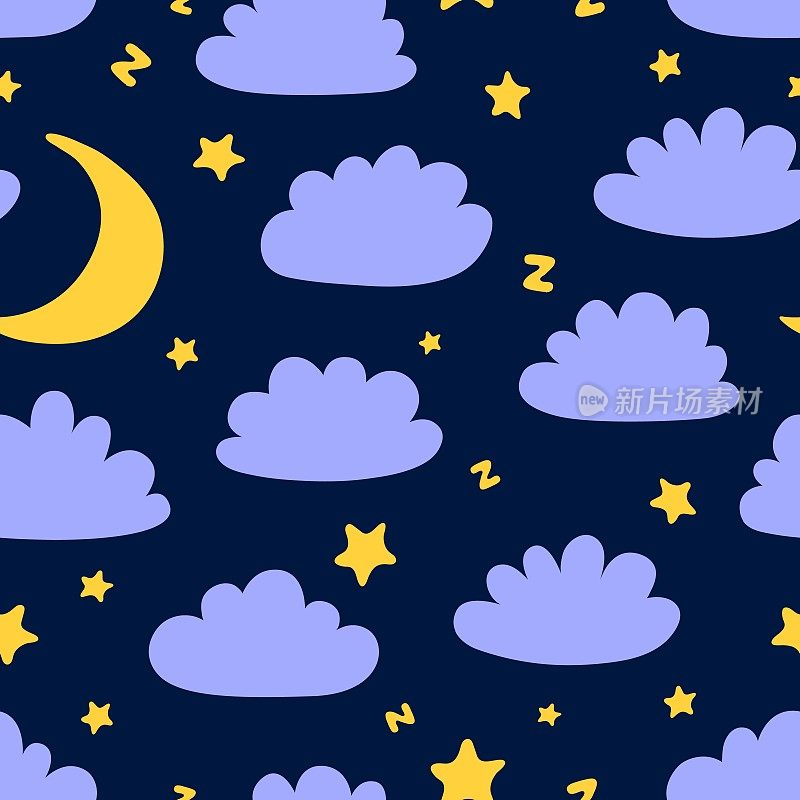 睡眼惺忪，天衣无缝，云月星辰。睡衣布印，云剪影和黄色新月在夜空。甜梦矢量背景