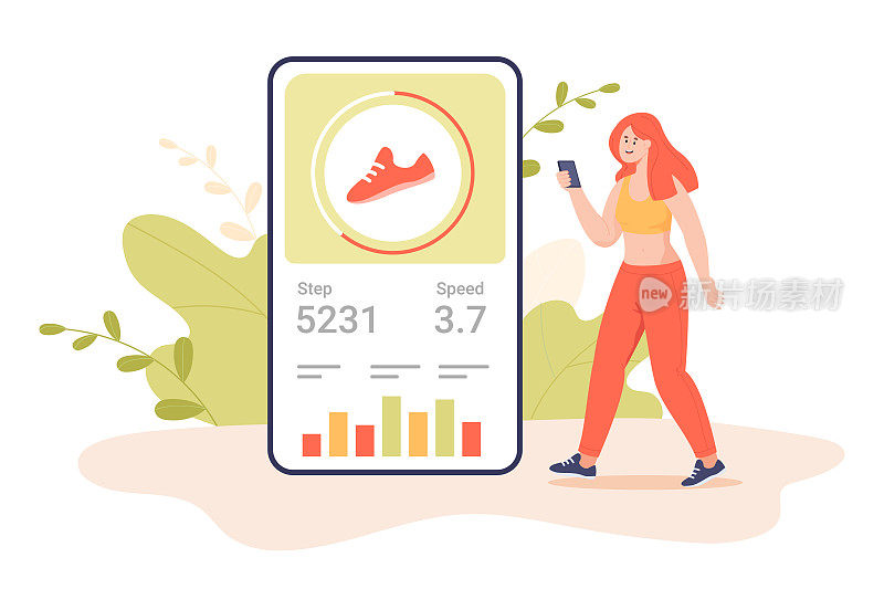巨大的手机和活跃的女性使用健身追踪器移动应用程序