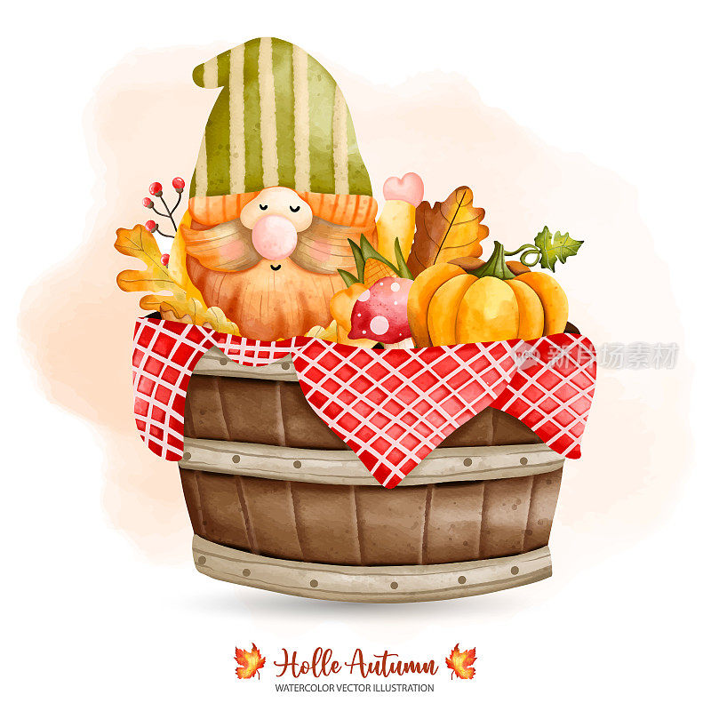 在木桶秋天地精，秋天地精，秋天或秋天装饰，水彩矢量插图