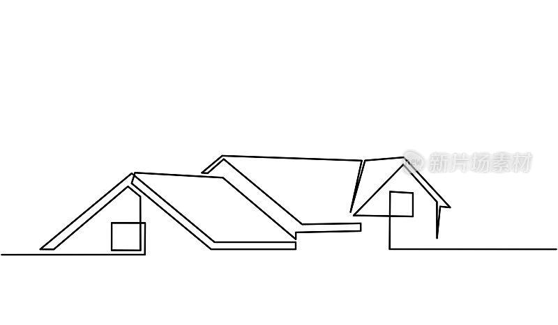 连续的线条画出带有屋顶的房子前面的外观。现代的。联排别墅建筑的公寓。带门窗的住宅立面。房子，屋顶，房地产