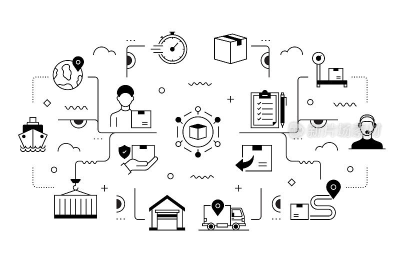 交付和物流相关矢量横幅设计概念，现代线条风格与图标