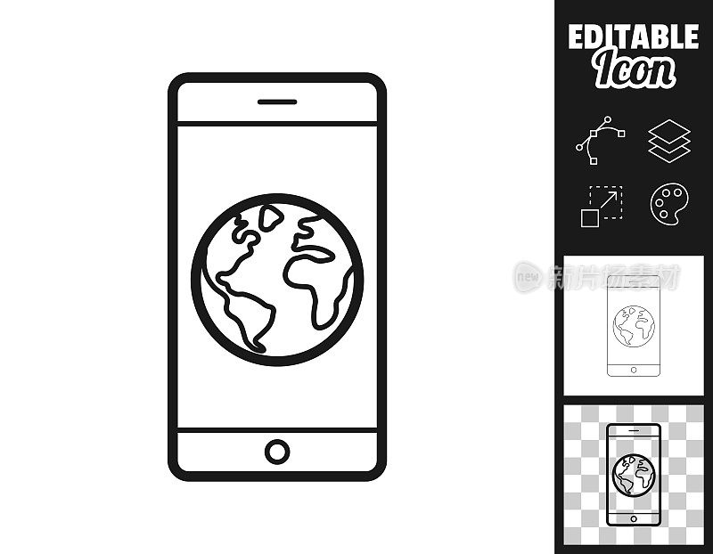 智能手机与地球。图标设计。轻松地编辑