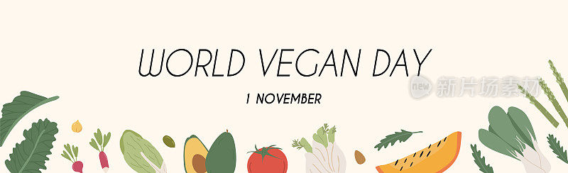 世界素食日。有机蔬菜水平海报。健康蔬菜横幅模板与地方的文字。本地农贸市场与膳食食品概念。矢量平面插图在白色背景。