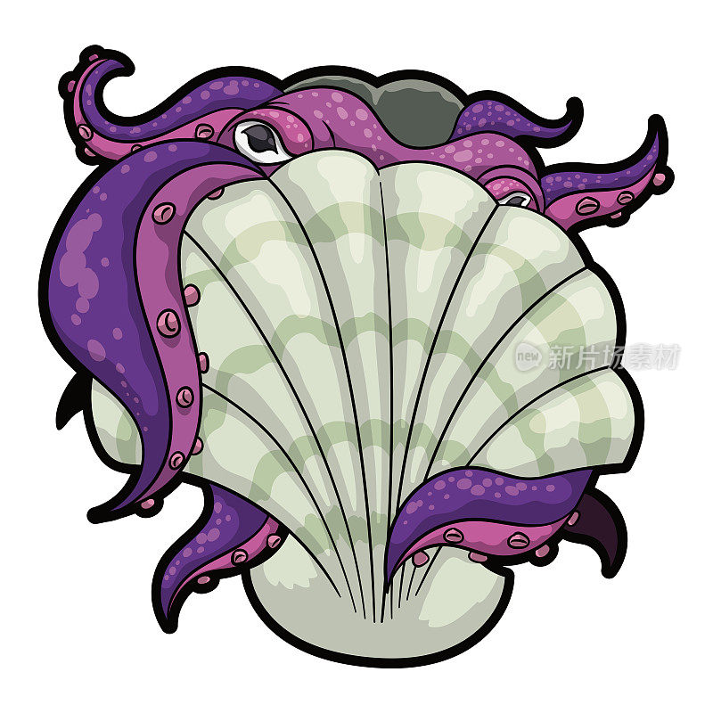 害羞的章鱼在扇贝壳，矢量插图