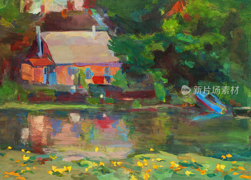 插图油画山水屋在河岸与水的倒影和盛开的睡莲船在岸边的码头