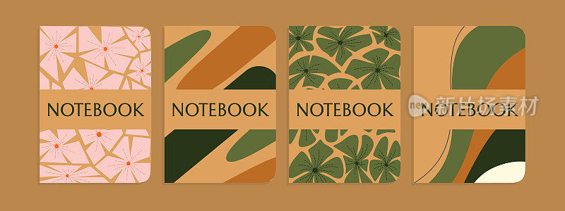 一套笔记本模板与手绘花卉图案。漂亮的设计为笔记本，计划，小册子，书籍，目录