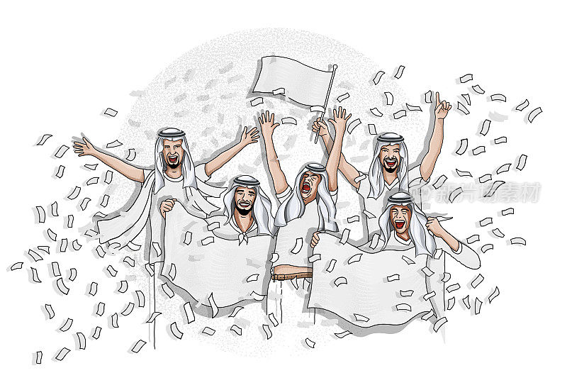 五名阿拉伯球迷举着白旗和五彩纸屑庆祝
