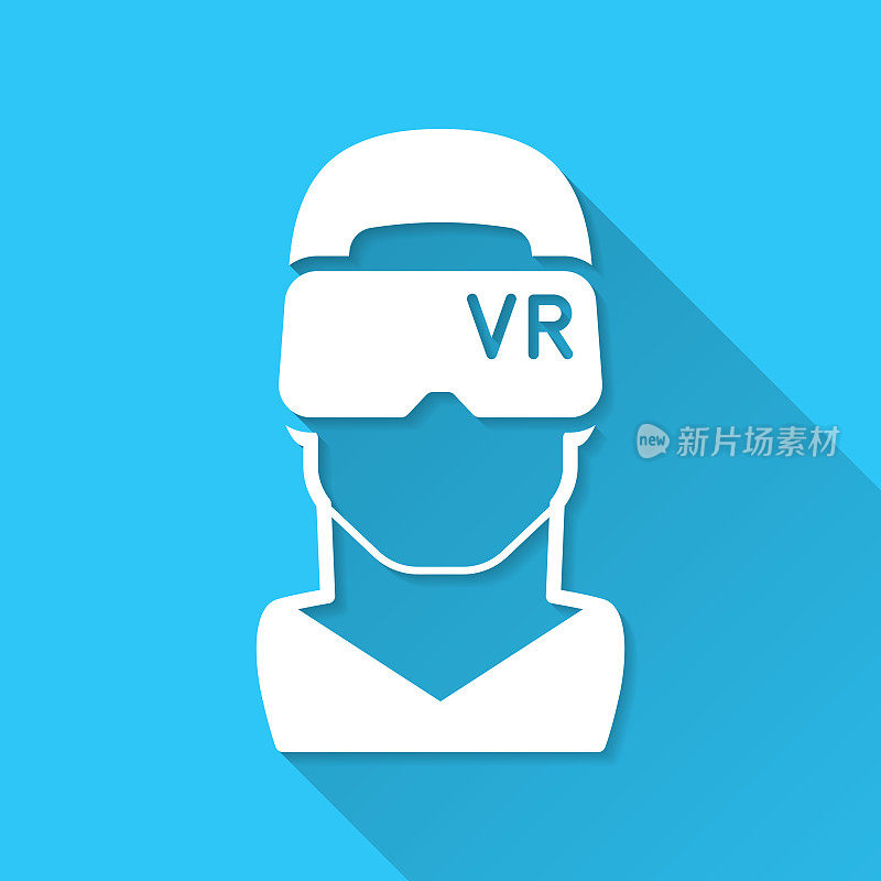 带着虚拟现实头盔的人-虚拟现实。图标在蓝色背景-平面设计与长阴影