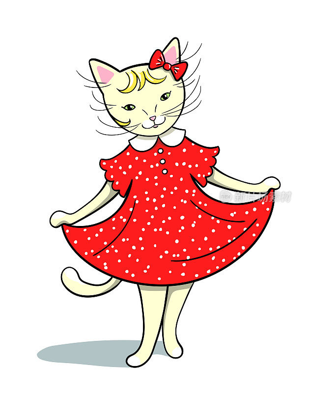 穿着红裙子的可爱女孩凯蒂。可爱的微笑她白色的小猫。漂亮漂亮的猫。