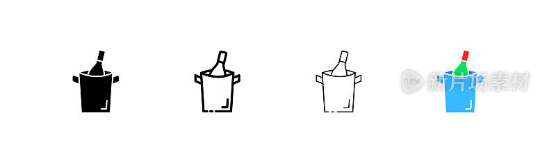 酒放在桶里放凉，定格图标。瓶、瓶、玻璃、手、陈酿、味道、气味、条件、温度。餐厅的概念。矢量四图标在不同的风格上的白色背景