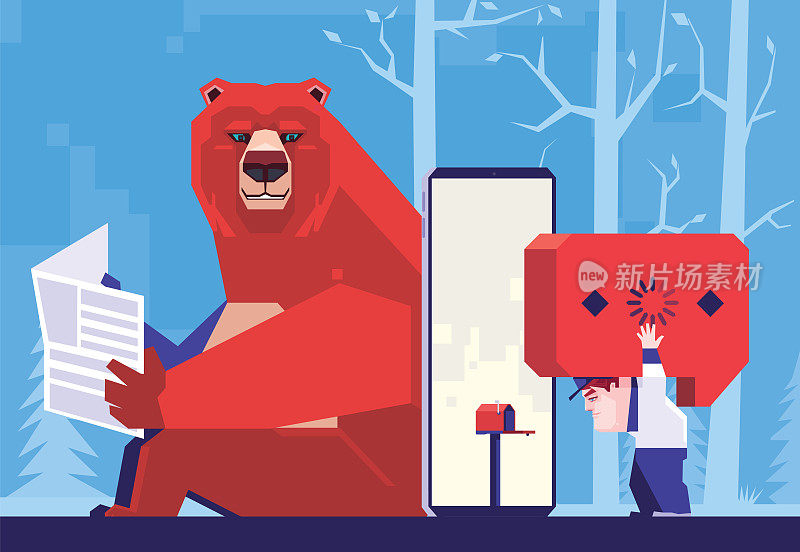 快递员在小熊身边的智能手机上携带语音泡泡
