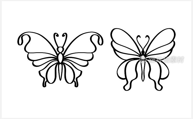 涂鸦蝴蝶图标。手绘线条艺术。雕刻昆虫动物。矢量股票插图。每股收益10
