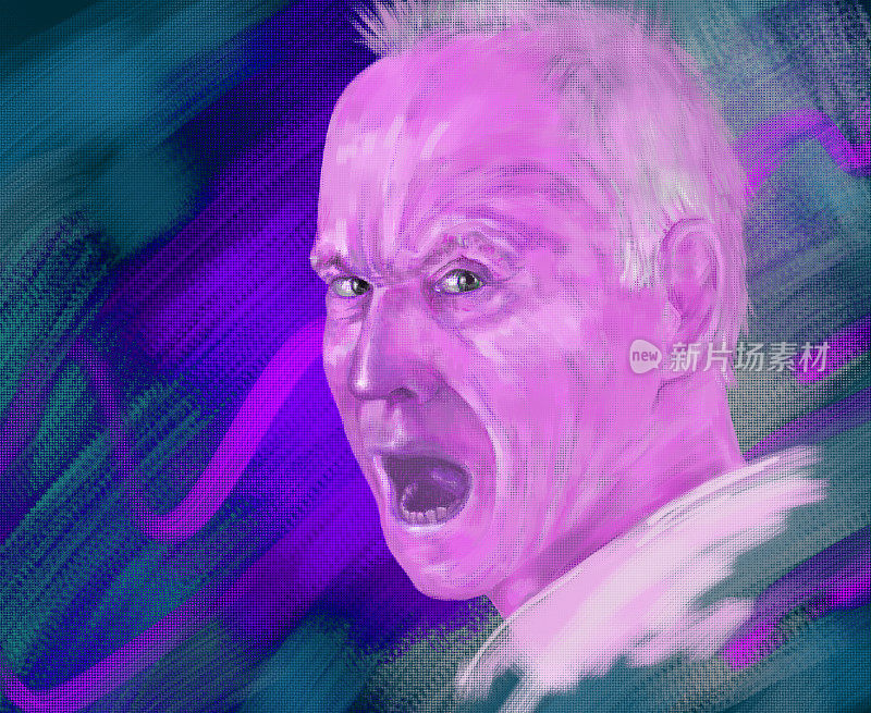 插图油画肖像尖叫男子灰色短发在紫色的背景