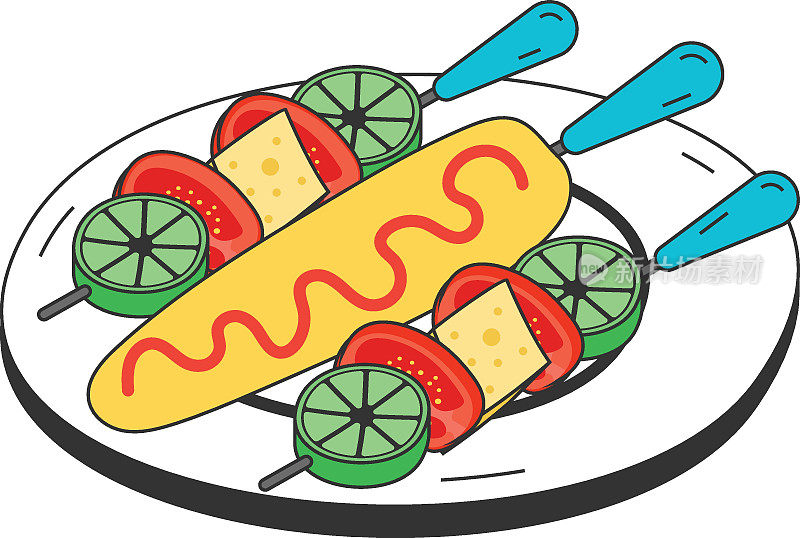 烤箱烤玉米棒子与蔬菜概念矢量图标设计，快餐符号，垃圾食品标志，流行便宜的好味道零食股票插图