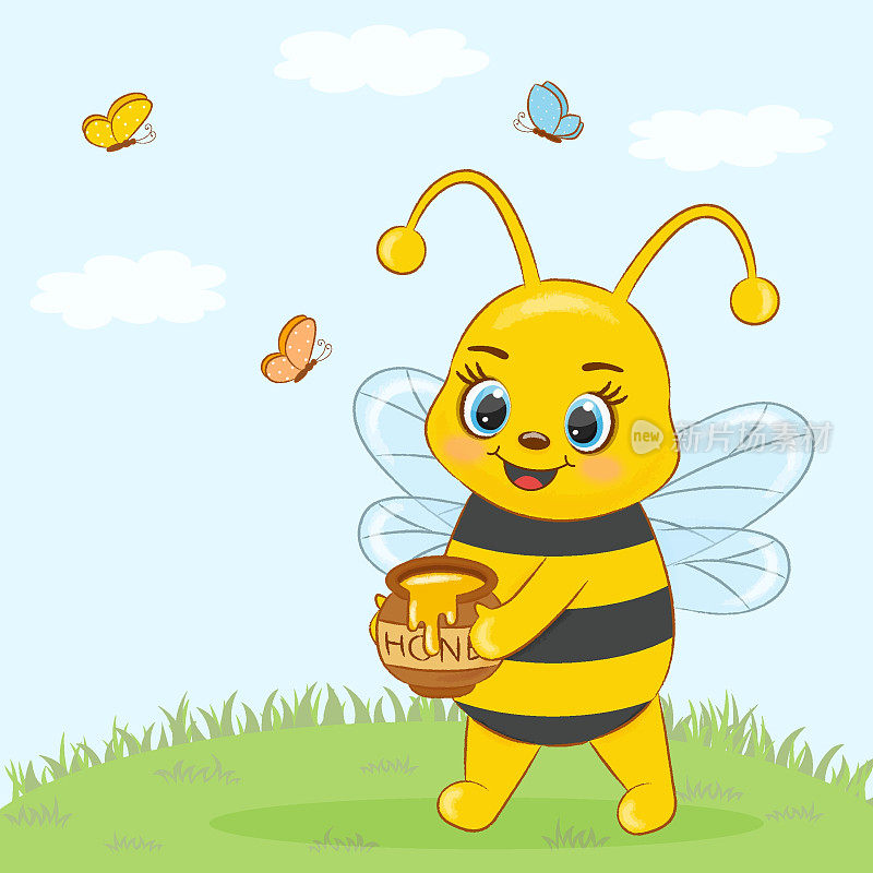 贺卡可爱的蜜蜂抱着一罐蜂蜜在蓝色的背景与蝴蝶