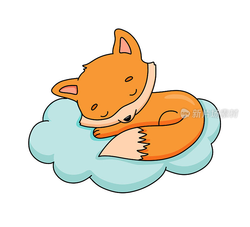 可爱的狐狸宝宝在云上做梦。卡通手绘矢量插图。小动物