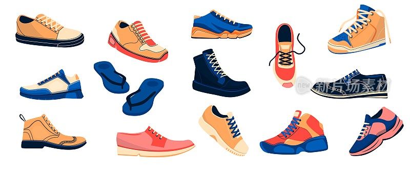 男鞋系列。时尚男士运动鞋运动脚具休闲正装靴子卡通平底鞋款，时尚鞋款。向量隔离集
