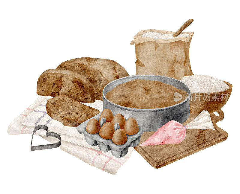 水彩烘焙插画。手绘构图，面粉袋，鸡蛋，馅饼盘，新鲜出炉的面包孤立在白色背景。自制的糕点。烹饪素描卡片，食谱书，博客。