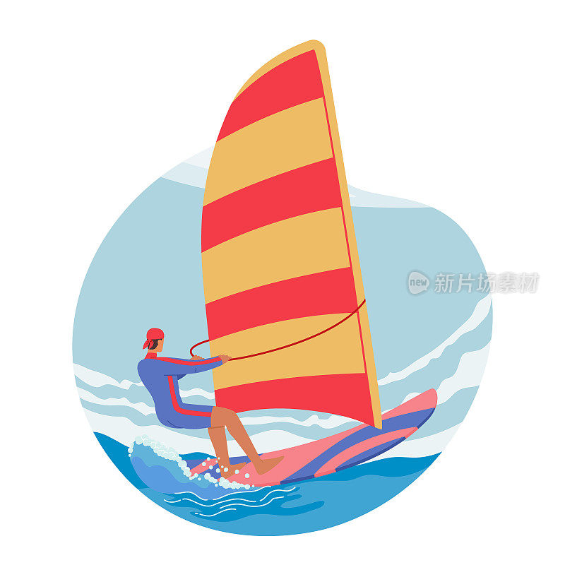 男主角风帆活动。人们享受运动的快感，用风驱动的帆在海浪上滑行