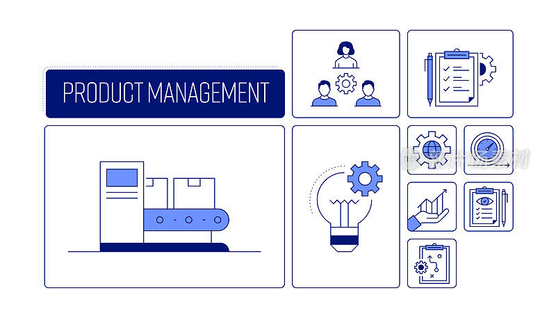 产品管理相关的矢量横幅设计概念，现代线条风格与图标