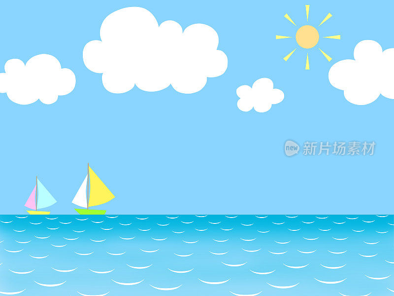 简单的插图背景材料的海洋与白云，太阳，蓝天和游艇漂浮