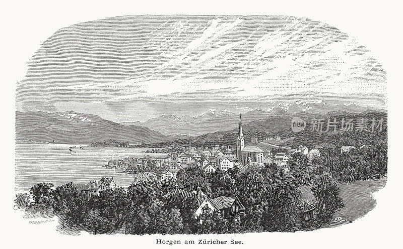 霍根的历史观，苏黎世湖，瑞士，木版雕刻，出版于1877年