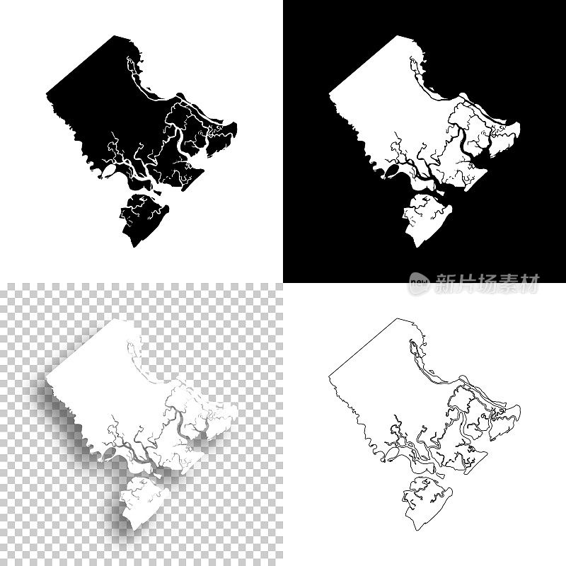查塔姆县，乔治亚州。设计地图。空白，白色和黑色背景