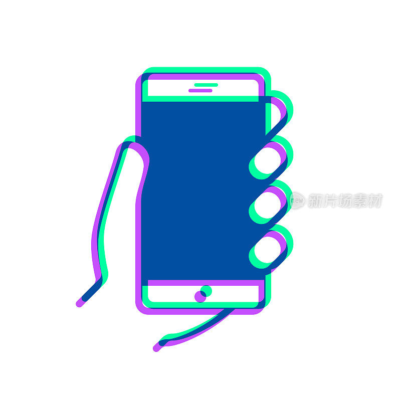 手握手机。图标与两种颜色叠加在白色背景上
